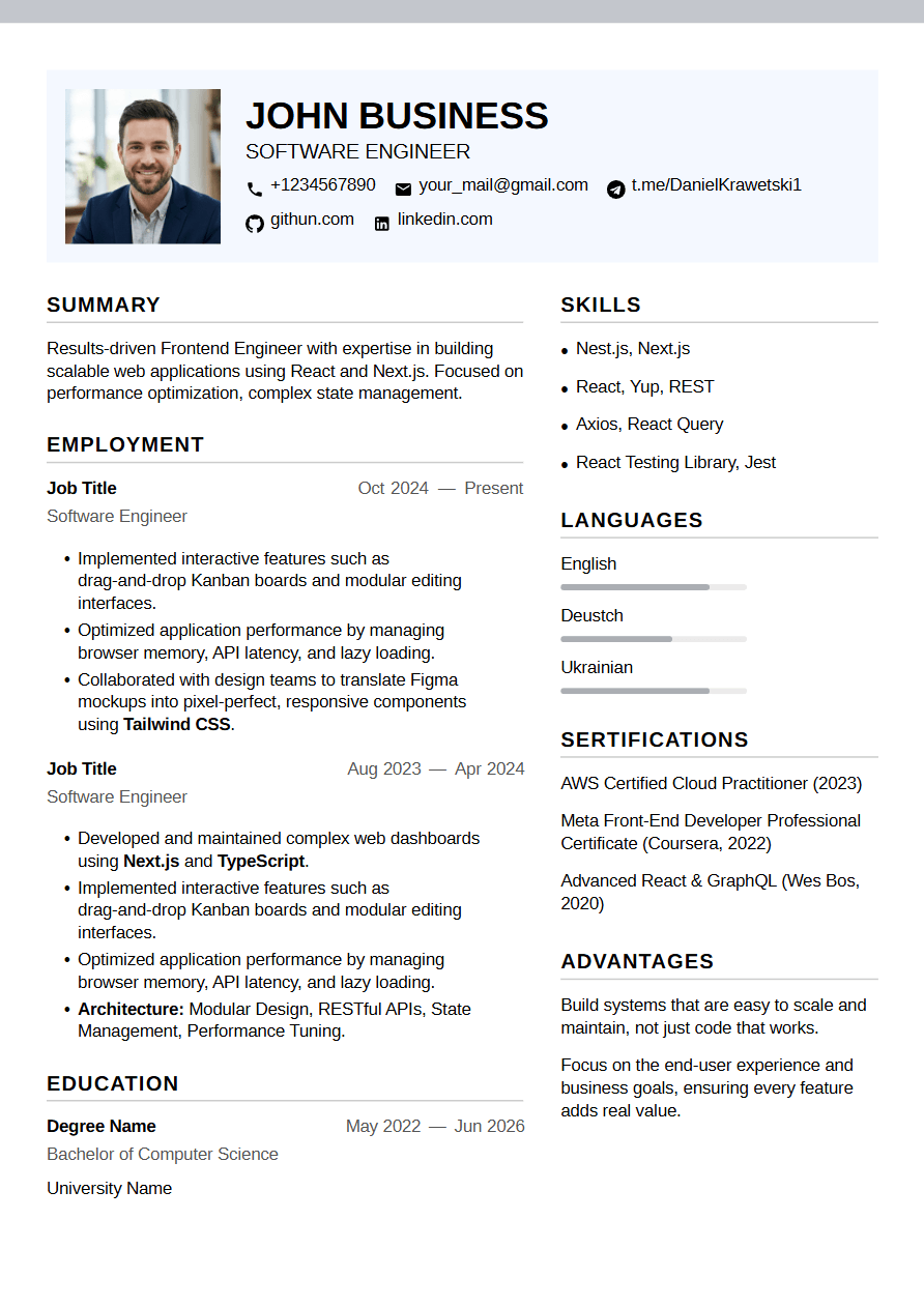 Modern ATS-friendly resume template — Pinnacle | CV Mate
